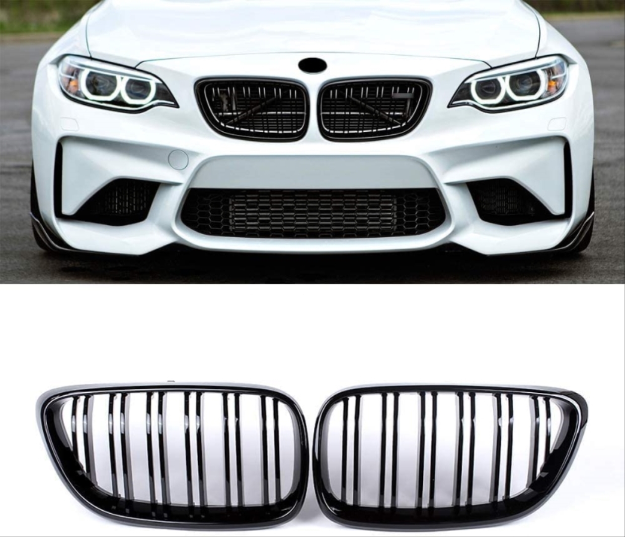 BMW 2 Serisi F22 (2014-2017) için Uyumlu M2 Panjur (Çift Çizgi Böbrek) Piano Black 5